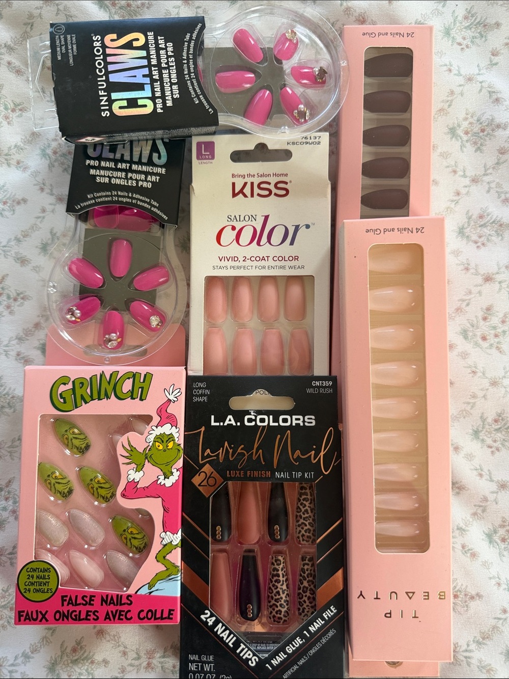 Mixed Press-On Nail Lot with Pink, Nude & Green Accents (all 7)